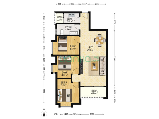宏康花园宏康和园 3室1厅1卫 93平方