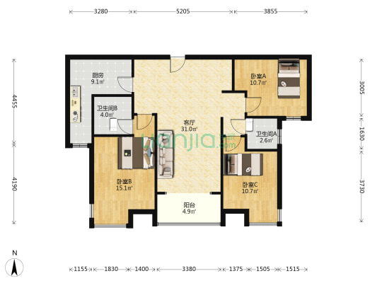 金利开发商 自持物业 全阳大三居 户型舒适 无浪费空间-户型图