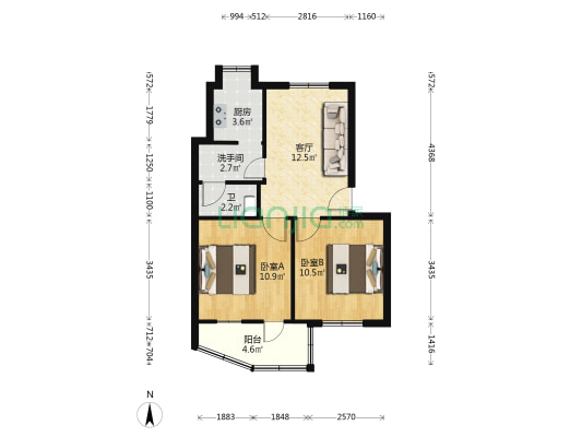 中山北路119号 2室1厅2卫 55平方