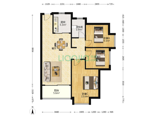 麓景湾花园 3室1厅1卫 86平方