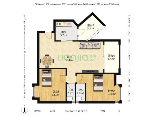 圣瑞华府 2室1厅2卫 94平方