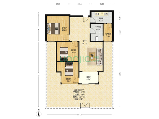 新田城湖光里 3室1厅1卫 93平方