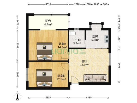 冶建花园 2室1厅1卫 74平方