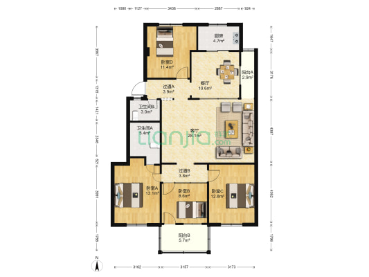 华林花园 4室2厅2卫 138平方