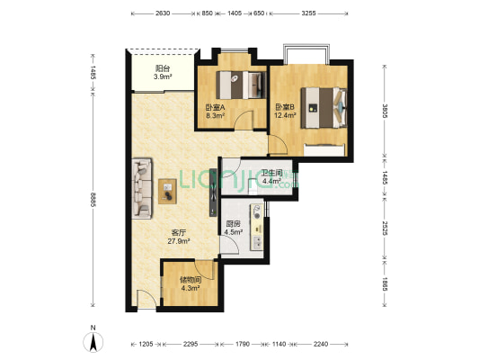 坚真花园 2室1厅1卫 82平方