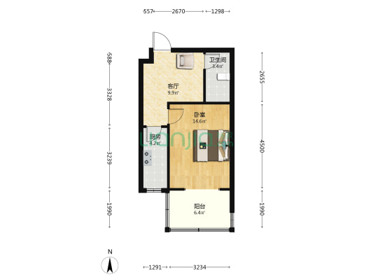 黎明街市政5号院 1室1厅1卫 50平方