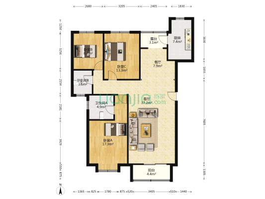 阳光美居 3室2厅2卫 123平方