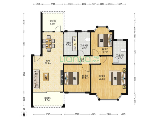 杏花村 3室1厅2卫 121平方