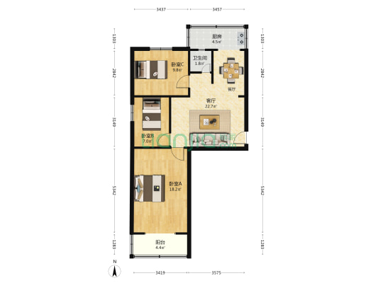 昌运大厦 3室1厅1卫 82平方