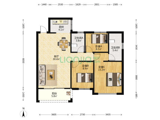 海龙皇家华府 3室1厅2卫 108平方