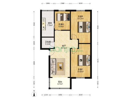 东胜街13号 3室1厅1卫 85平方