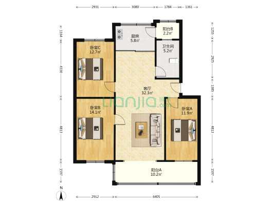 联合小区四号院 3室1厅 南 北-户型图