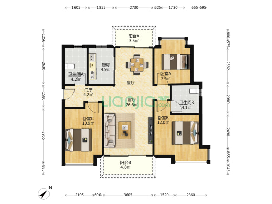 展科花园 3室1厅2卫 105平方