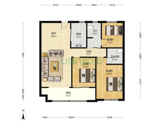 秀水华庭二期 3室1厅2卫 115平方