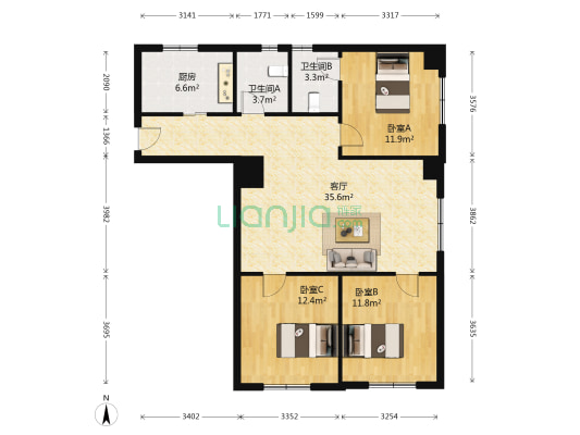桂花大厦 3室1厅2卫 110平方
