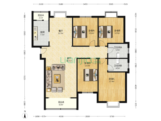 强头家园 4室2厅2卫 180平方