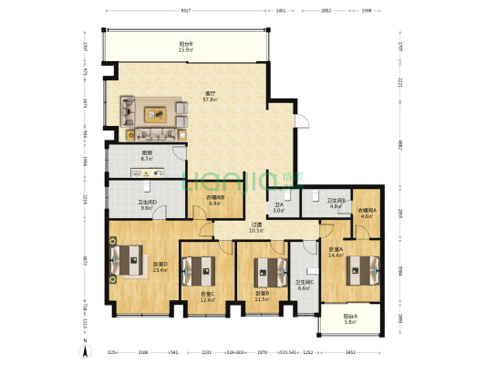 万科翡翠滨江 4室1厅4卫 231平方