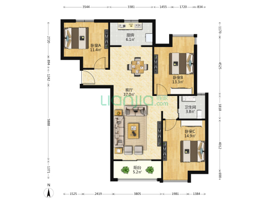 汇仁阳光花园南区 3室1厅1卫 98平方