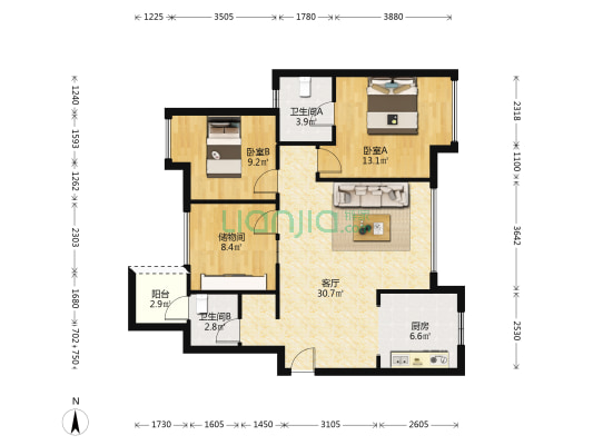 香城榕园 2室1厅2卫 91平方