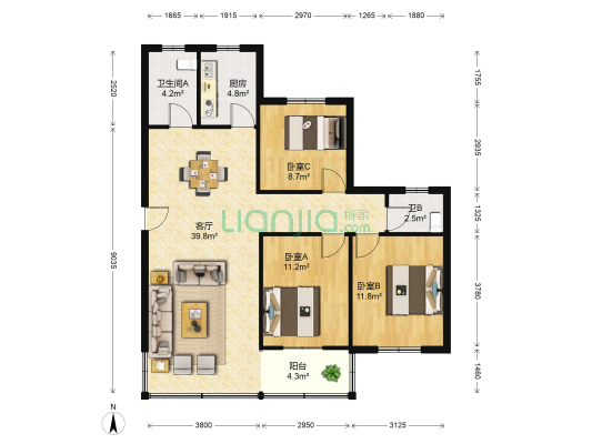 宏福公寓 3室1厅2卫 96平方