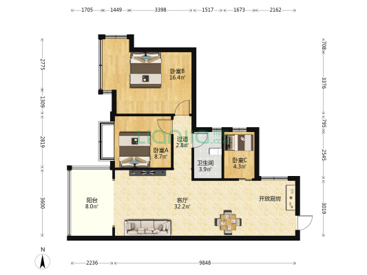 人文水岸二期南岸·156行馆 3室1厅1卫 94平方