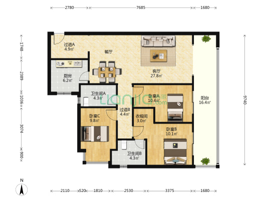 龙湖山海原著御景 3室1厅2卫 123平方