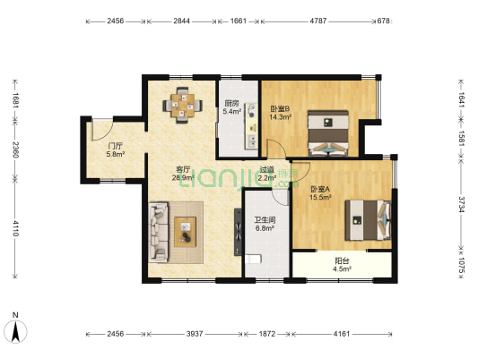 大观国际居住区北区 2室1厅1卫 106平方