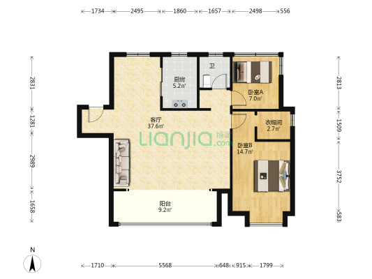 斌锋悦境 2室1厅1卫 106平方