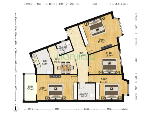 天生路155号 4室1厅2卫 122平方