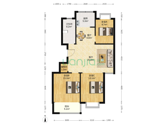 兴华名苑 3室2厅1卫 109平方