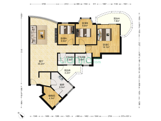 天安高尔夫海景花园 3室1厅2卫 127平方