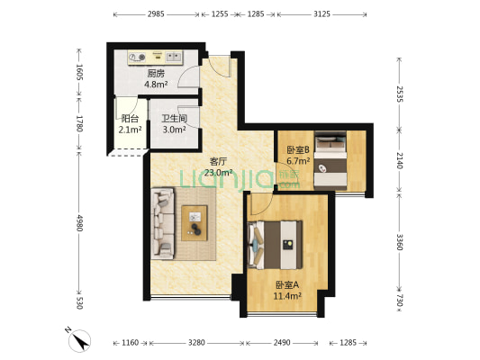 时代睿城 2室1厅1卫 53平方