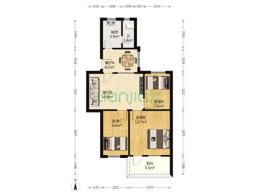 进出口公司宿舍 3室2厅1卫 71平方