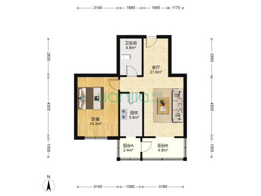 金凤里(北辰区) 1室1厅1卫 65平方