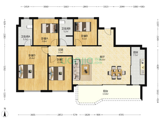 华润置地鼎信长城锦官和鸣 4室1厅2卫 142平方