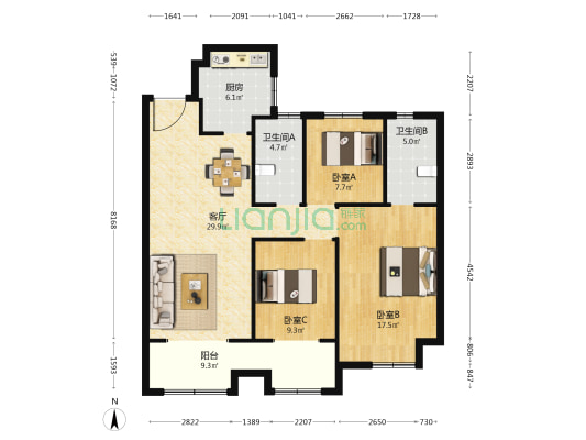 国美首府 3室1厅2卫 121平方