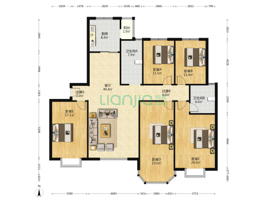 百花里1号院 5室1厅2卫 203平方