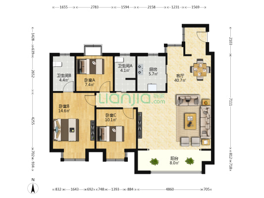 鸿海万科天空之城北区 3室1厅2卫 122平方