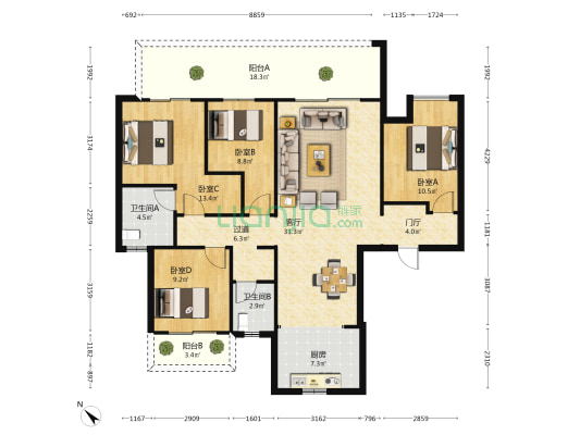 星海银沙 4室1厅2卫 136平方