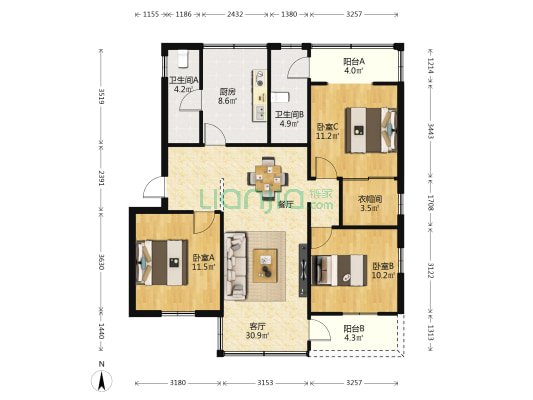 花园小区 3室1厅2卫 99平方