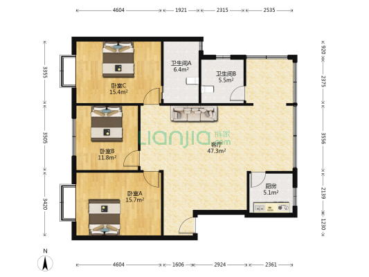 永寿街 3室1厅2卫 127平方
