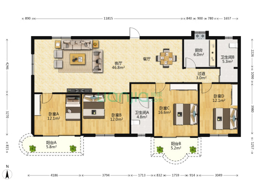 泰富花園 4室1厅2卫 147平方
