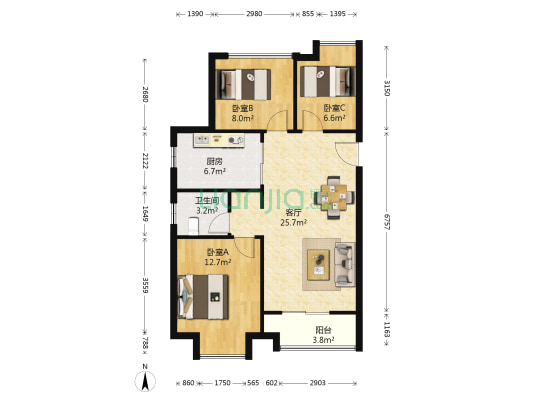 旭辉悦庭 3室1厅1卫 88平方