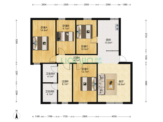 德缘小区南区 4室1厅2卫 129平方
