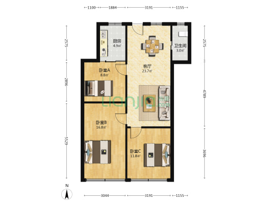 二十六中学教工宿舍（一区） 3室1厅1卫 81平方