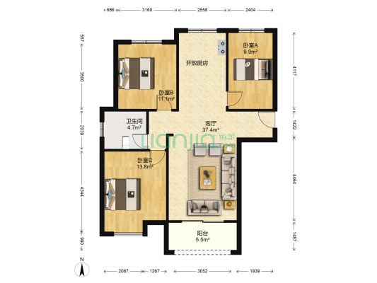 众兴花苑 3室1厅1卫 119平方