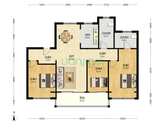 悦达忻悦府 3室1厅2卫 135平方