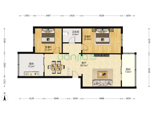 倚能·金河家园 2室1厅1卫 84平方