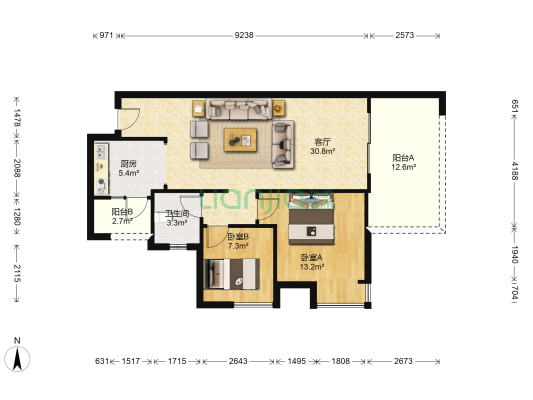 新鸥鹏凤凰城二期B区 2室1厅1卫 82平方