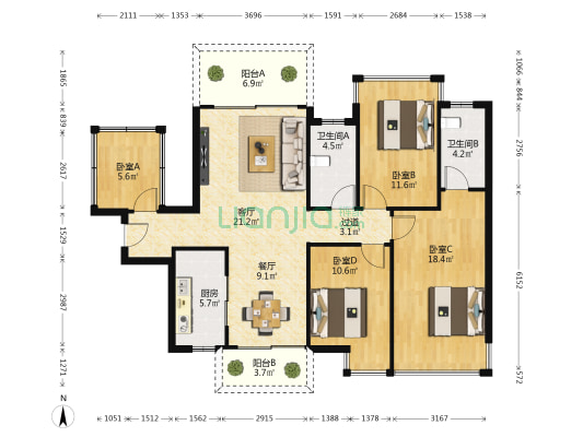 龙光玖誉湖景湖 4室2厅2卫 123平方
